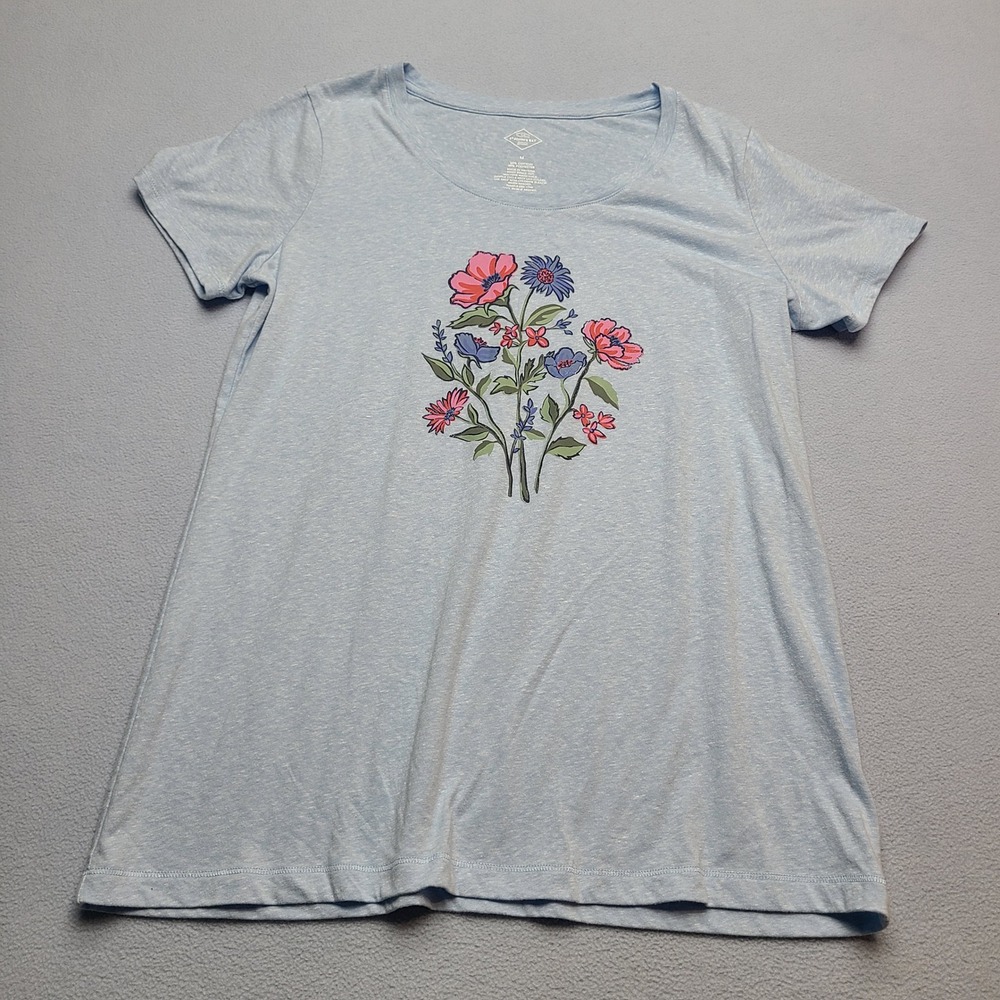 St John's Bay Floral Graphic Tee Womens M Blue Excellent Short Sleeve Cotton Mix